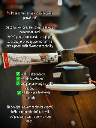 🔧 Posezónní servis – ideální čas je právě teď Sezóna skončila, ale stroj si zaslouží pozornost i teď Právě posezónní...